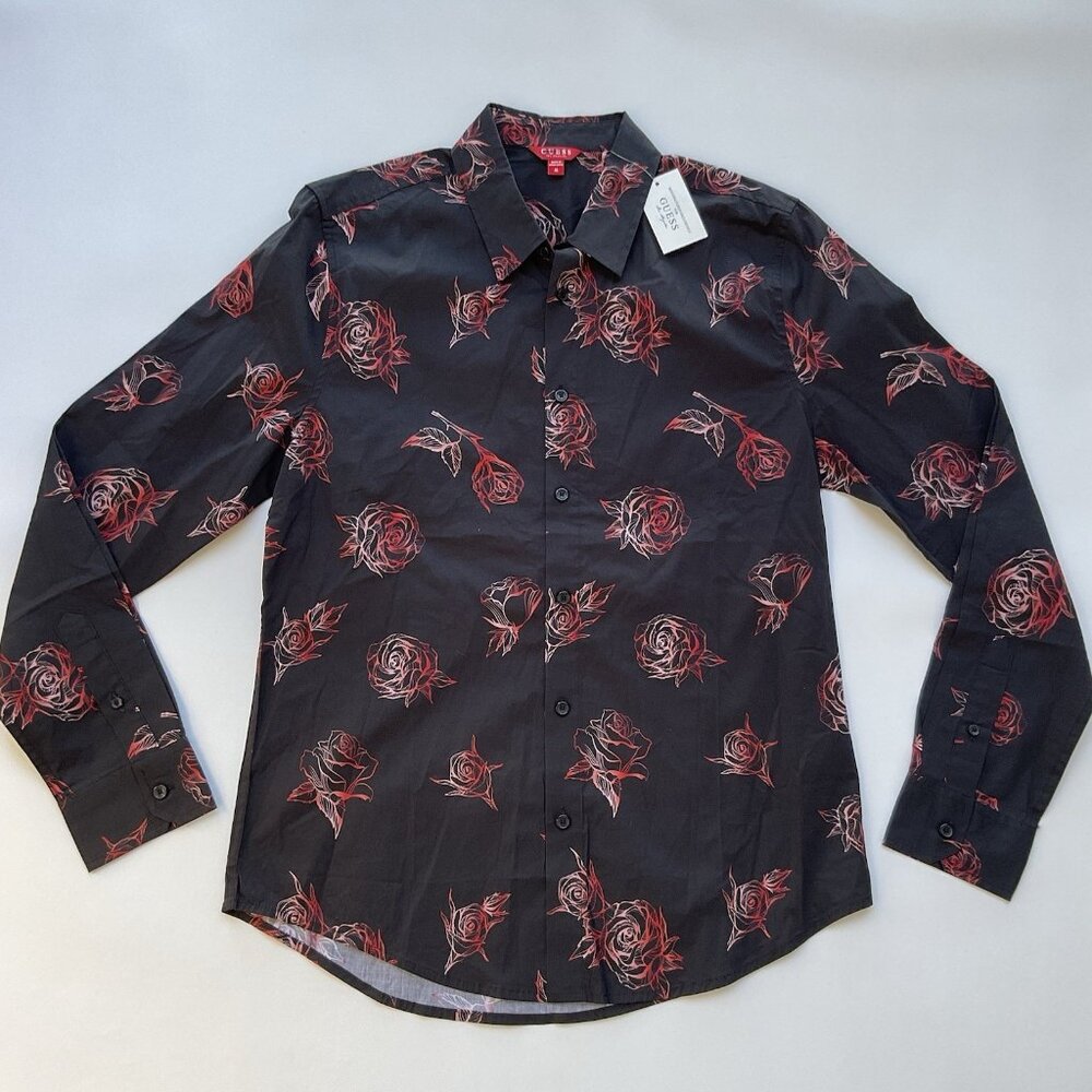 Guess Men’s Shirt Regular Fit Long Sleeves Black With Red Roses Print Size M